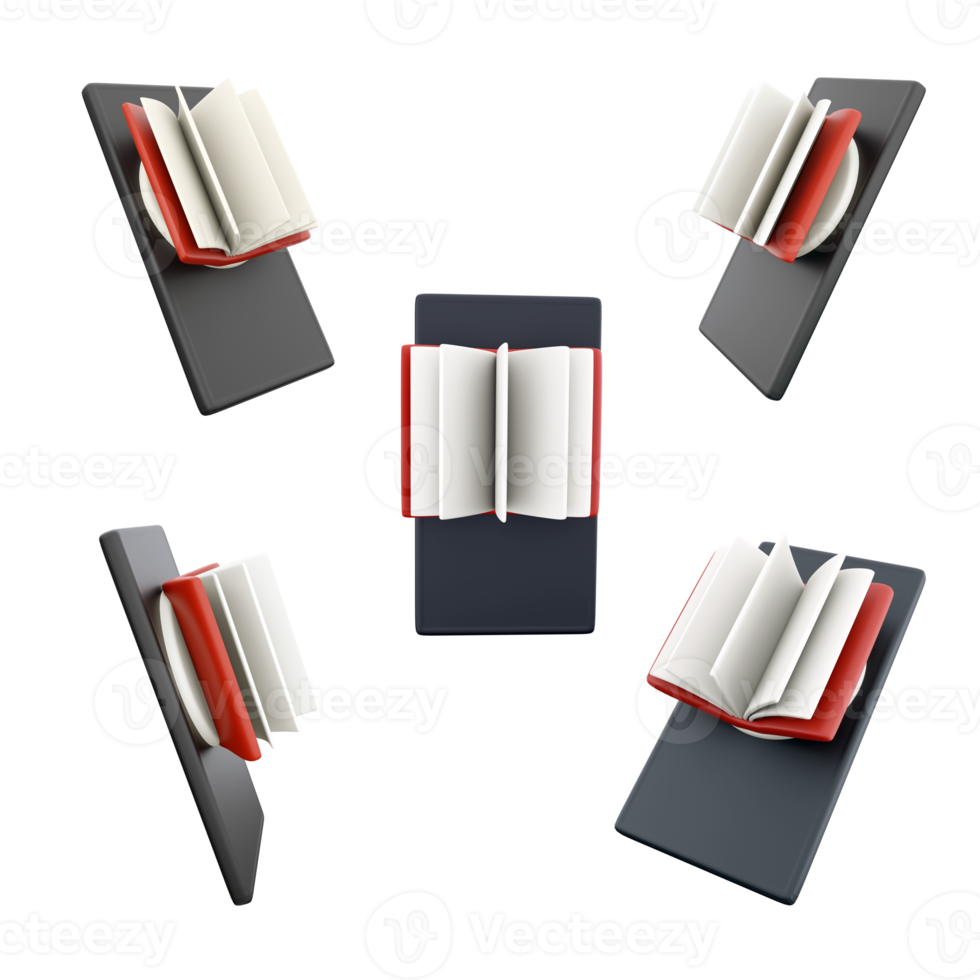 3d rendering eBook icon set. 3d render read a book on your phone different positions icon set.. png