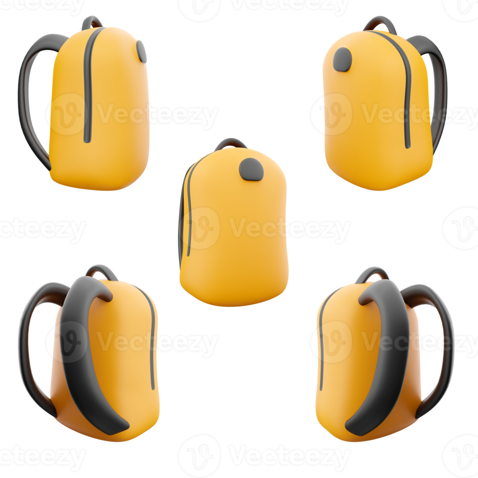 3d rendering yellow school bag icon set. 3d render bag for school books and items different positions icon set. png