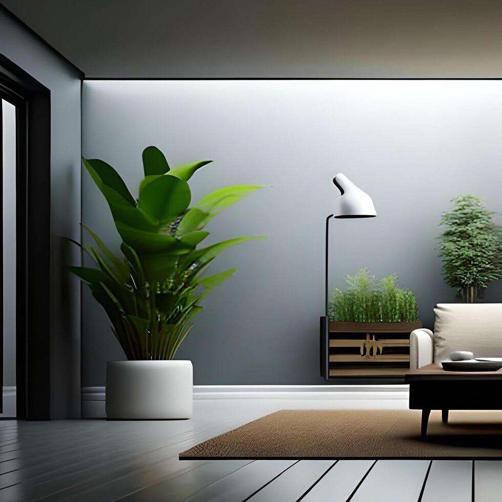 vivo habitación interior Bosquejo, mueble y decorativo de moda flor y plantas, blanco sofá y sillón, natural elementos y minimalismo 3d hacer . ai generativo foto