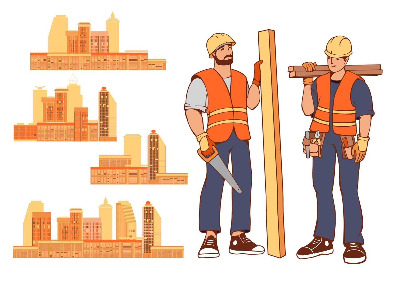 Builders hold planks. Carpenter repairman and city buildings set. Vector. vector