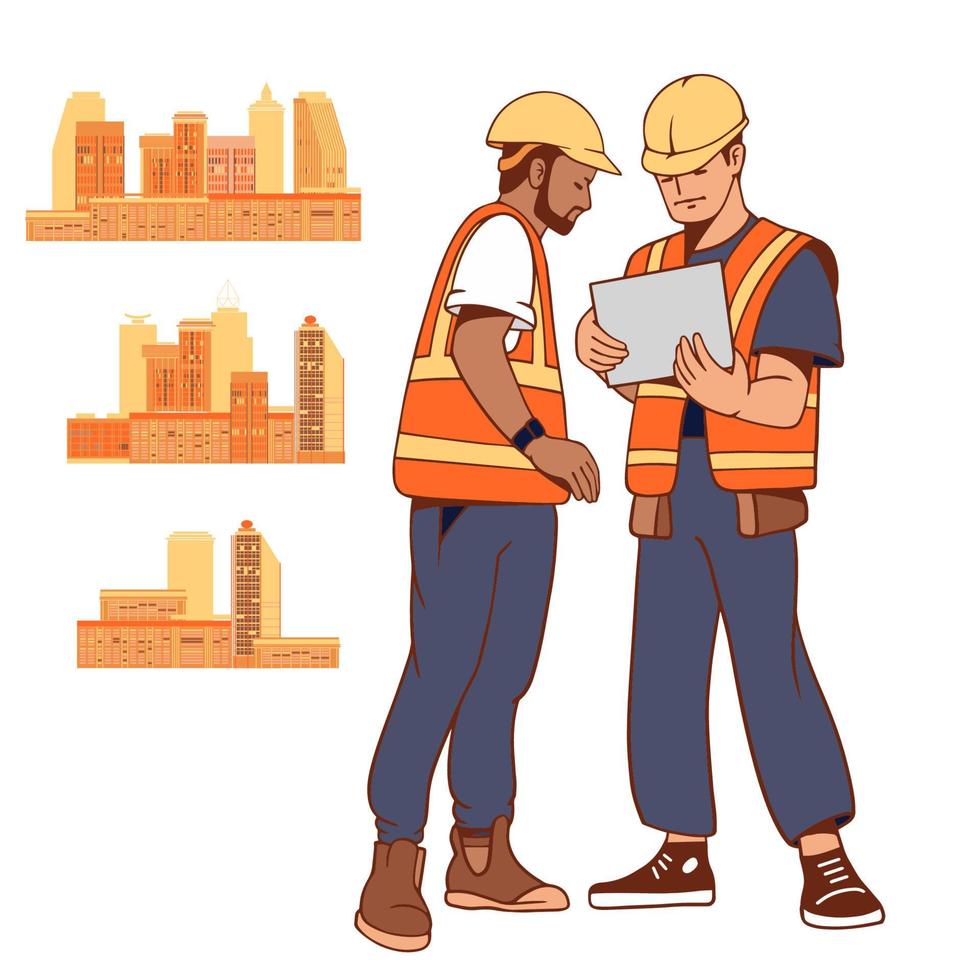 Builders discussing construction plans. Foreman, worker. City buildings set. Vector. vector