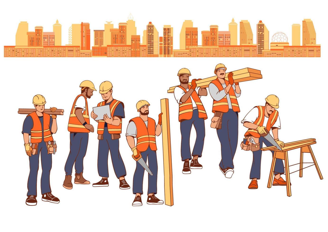 Construction workers set and city buildings. Carpenter repairman, builder. Vector. vector