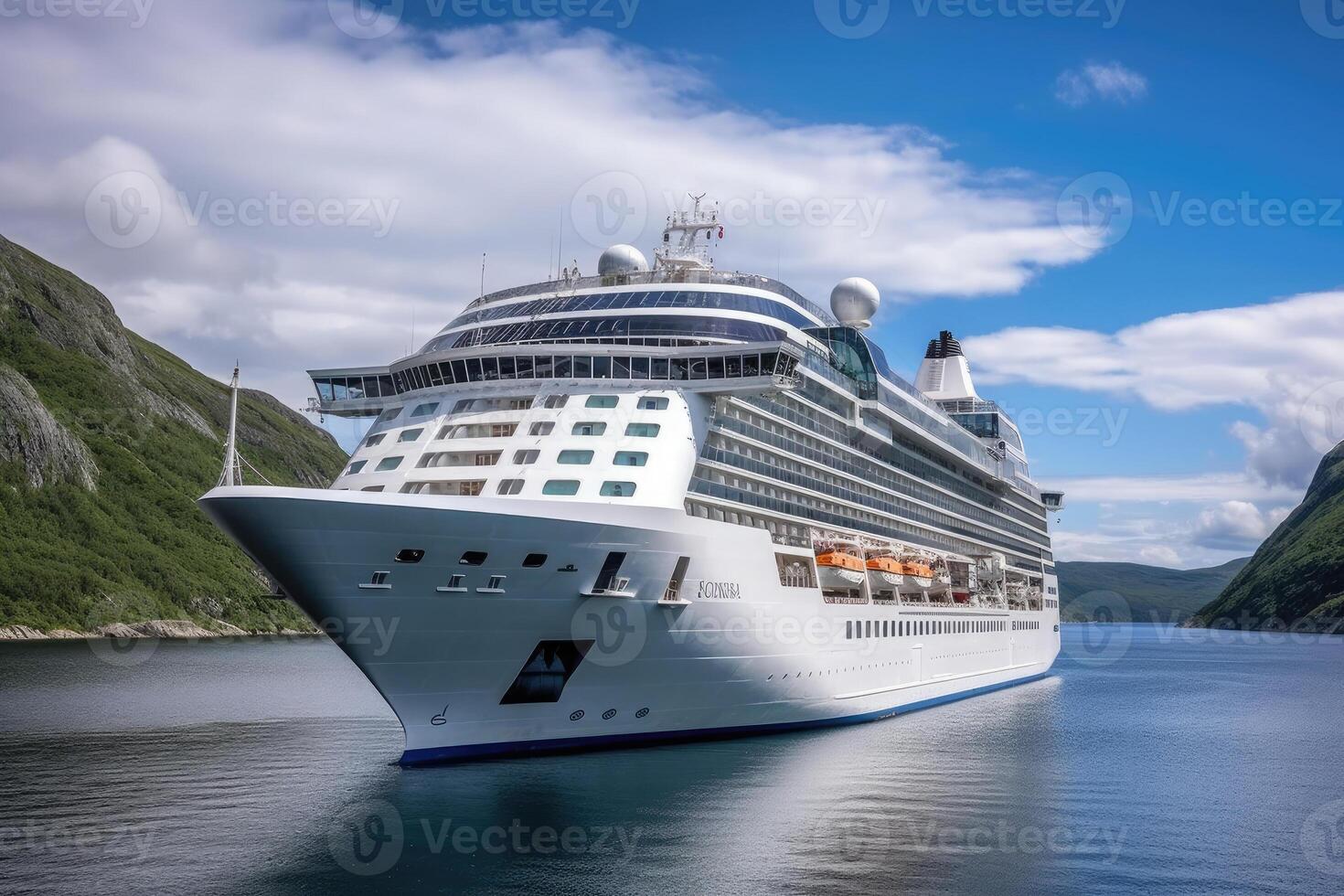 Large cruise ship in fjords. Tourism vacation and summer traveling. photo