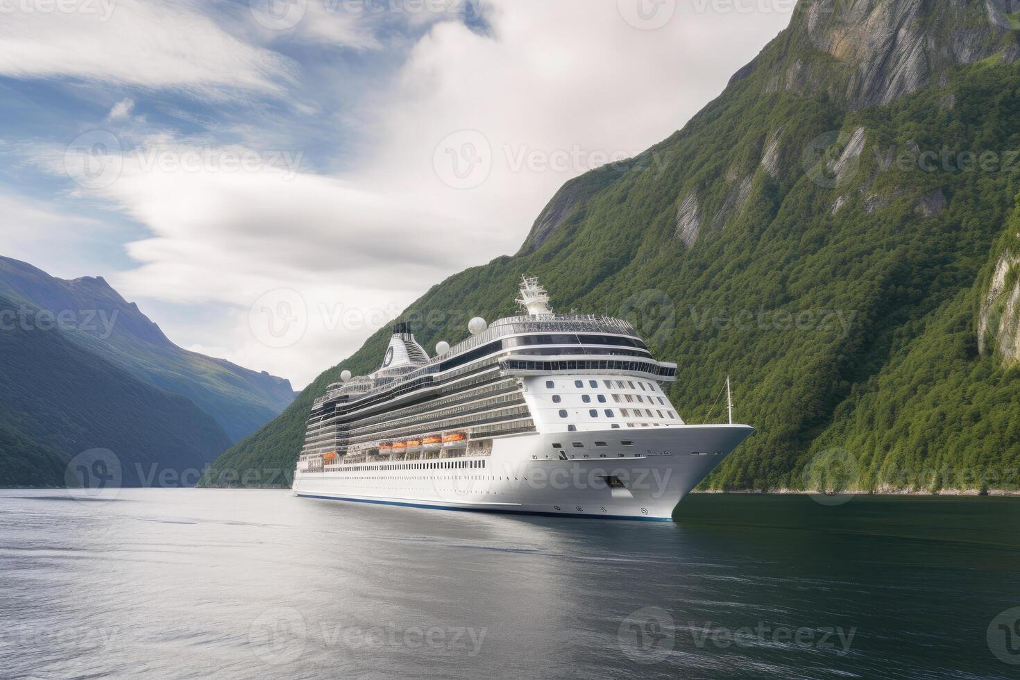 Large cruise ship in fjords. Tourism vacation and summer traveling. photo