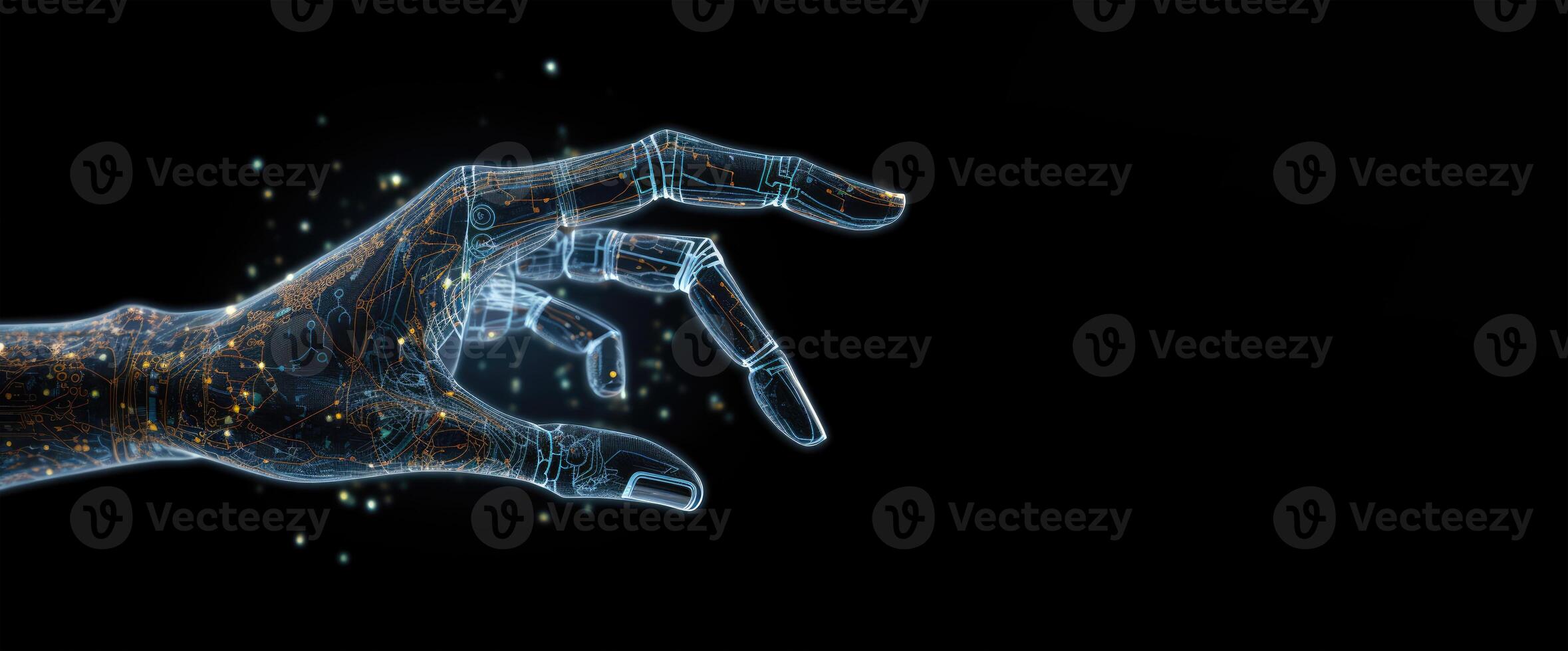 Artificial intelligence hand on dark background. Digital hologram. Futuristic concept. photo