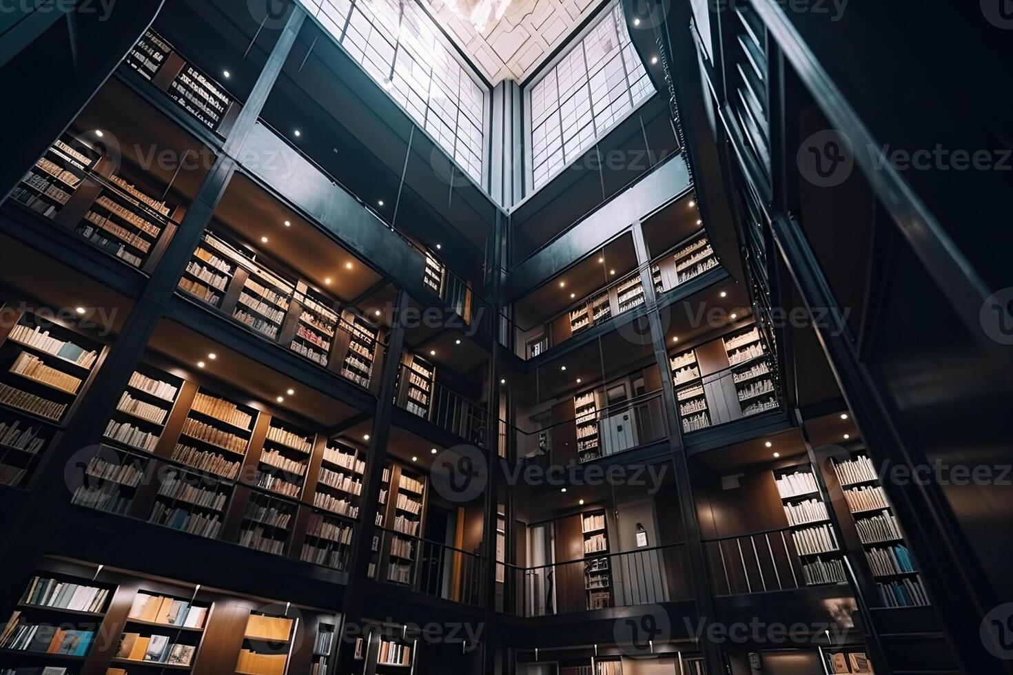 Interior of library with many bookshelves. photo