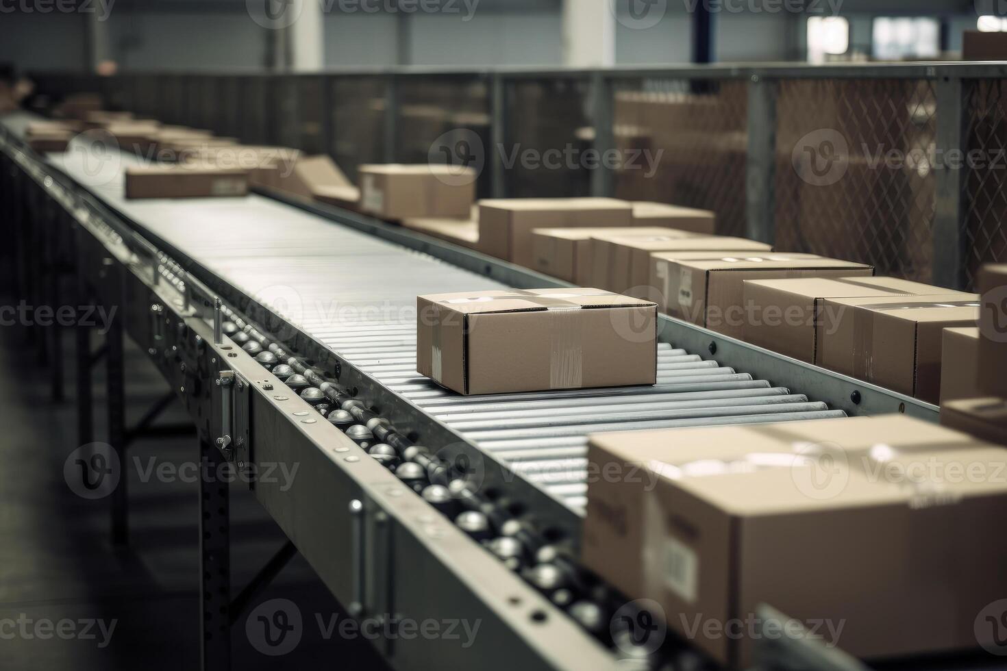 Automatic production line, conveyor belt with boxes. photo