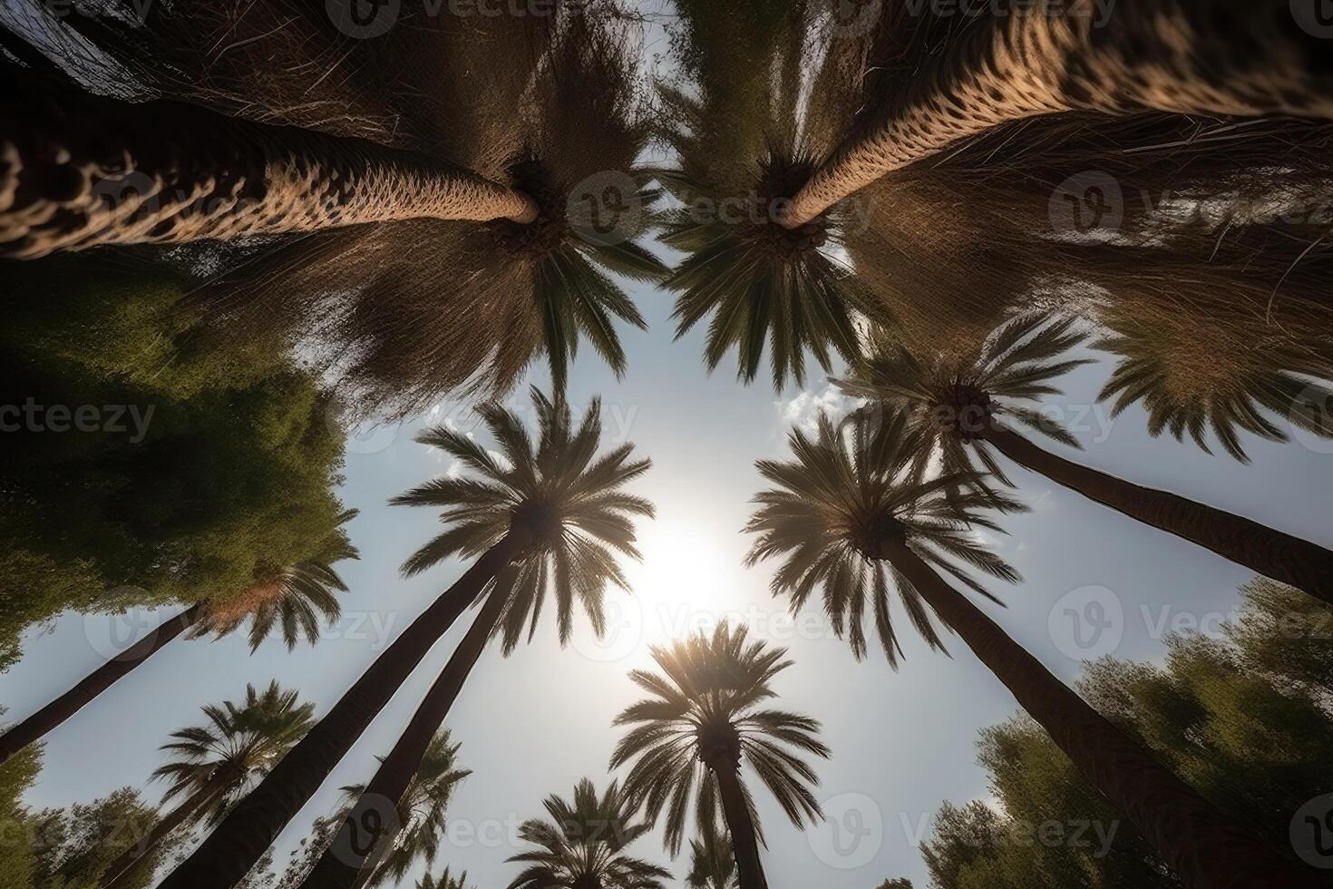 Palm tree silhouettes against sky, bottom view. photo