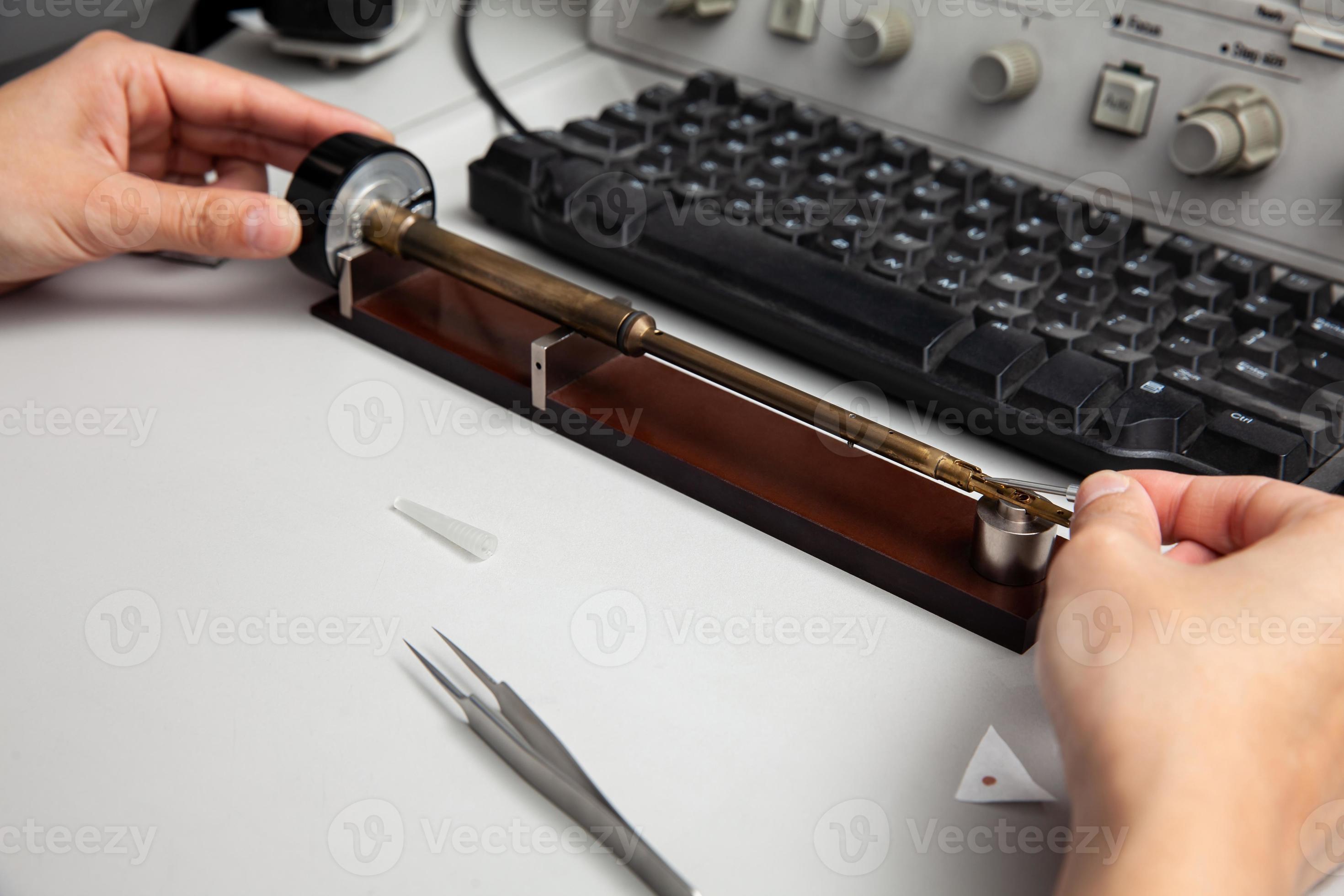 Transmission electron microscope sample holder been loaded with an