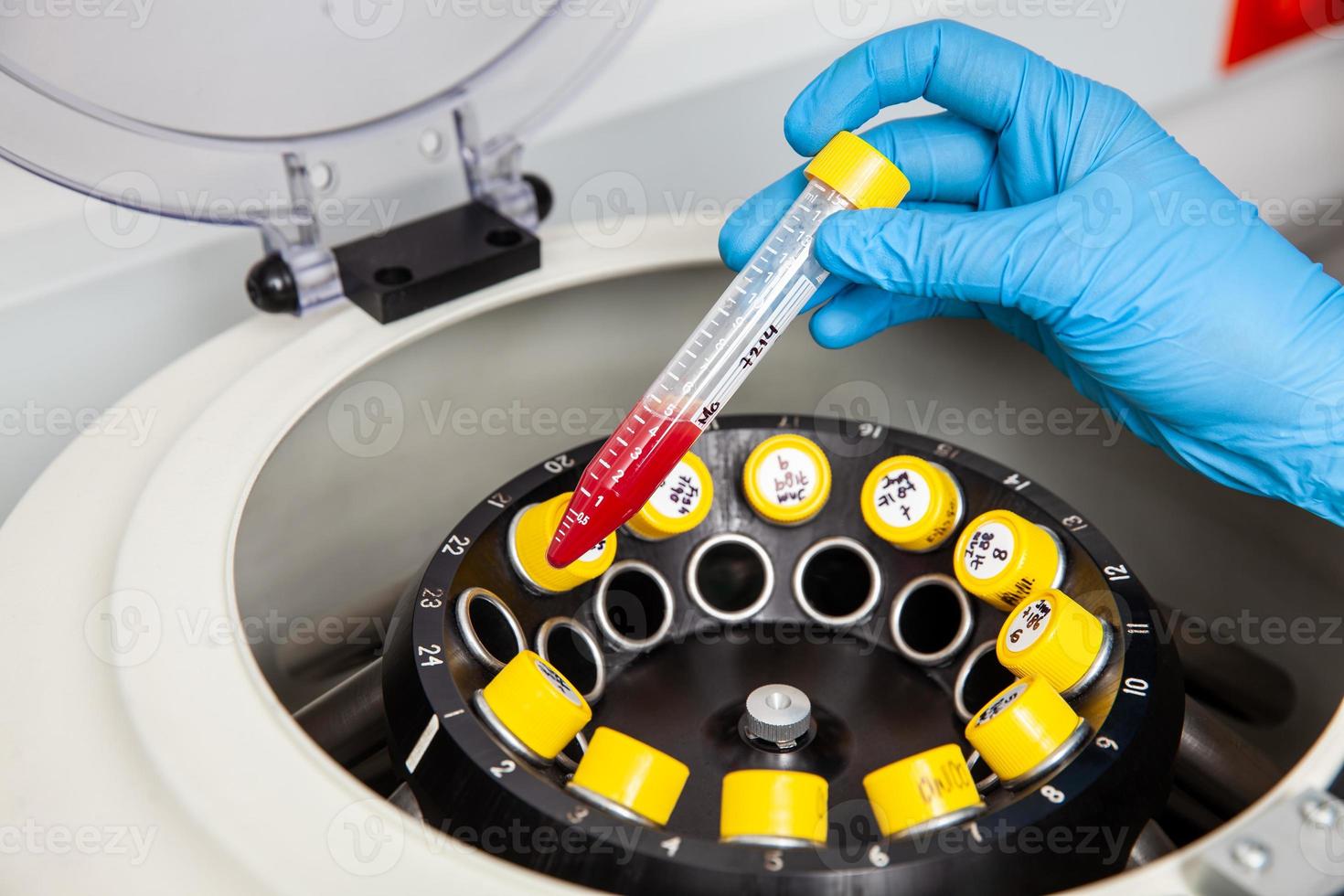 científico insertando un tubo con un sangre muestra en un laboratorio centrífugo. sangre prueba foto