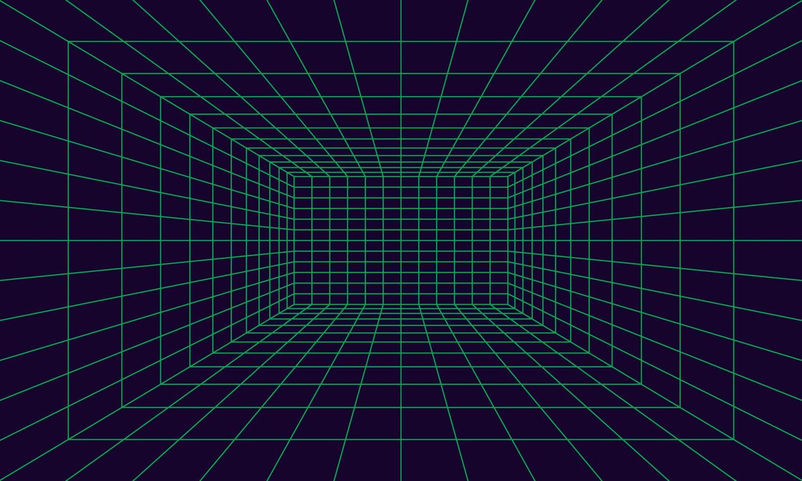Grid room in perspective in 3d style. Indoor wireframe from green laser beam,  digital empty box. Abstract geometric design vector