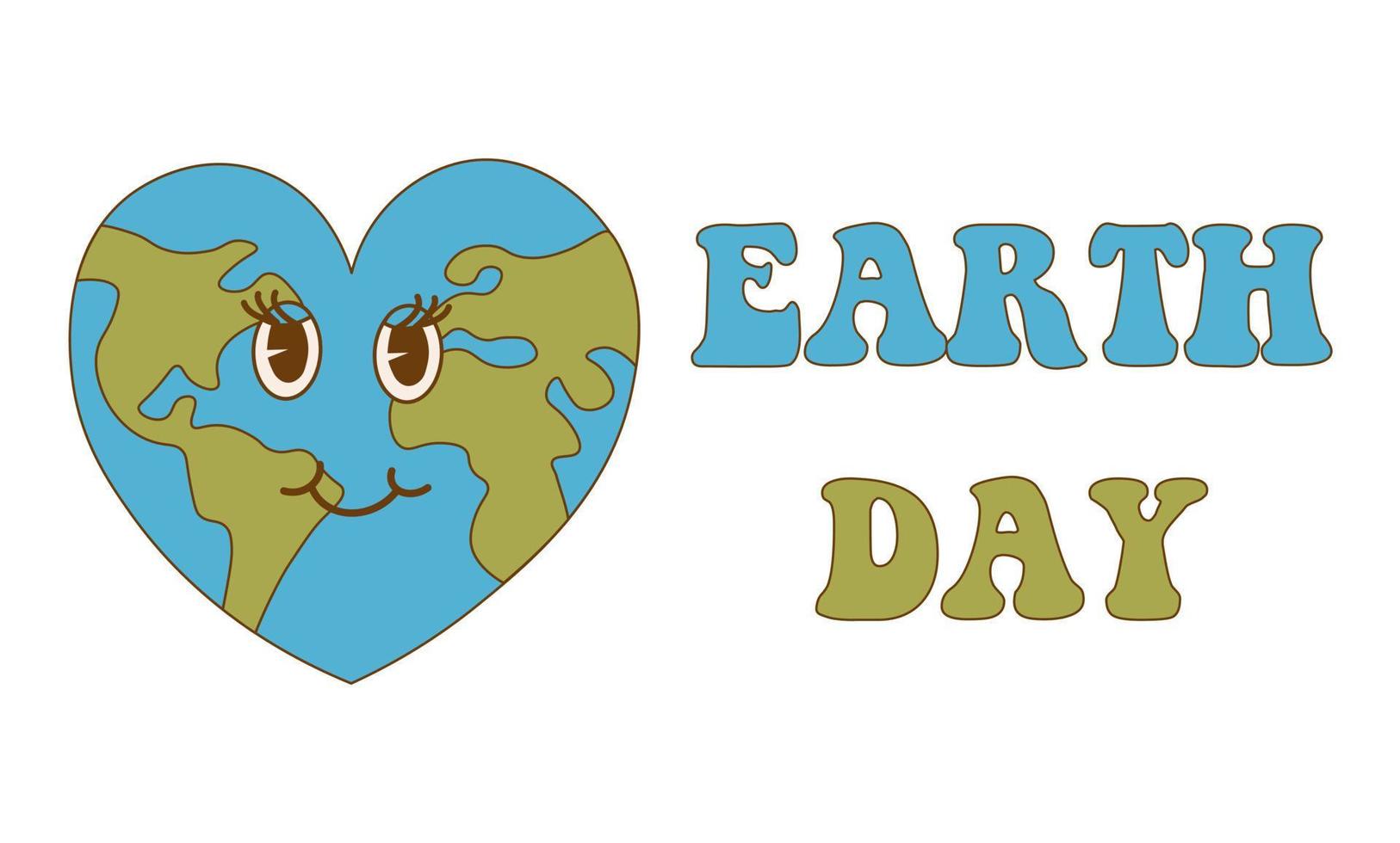 Earth Day. Cartoon cute earth planet character in retro style. Environmental eco concept vector