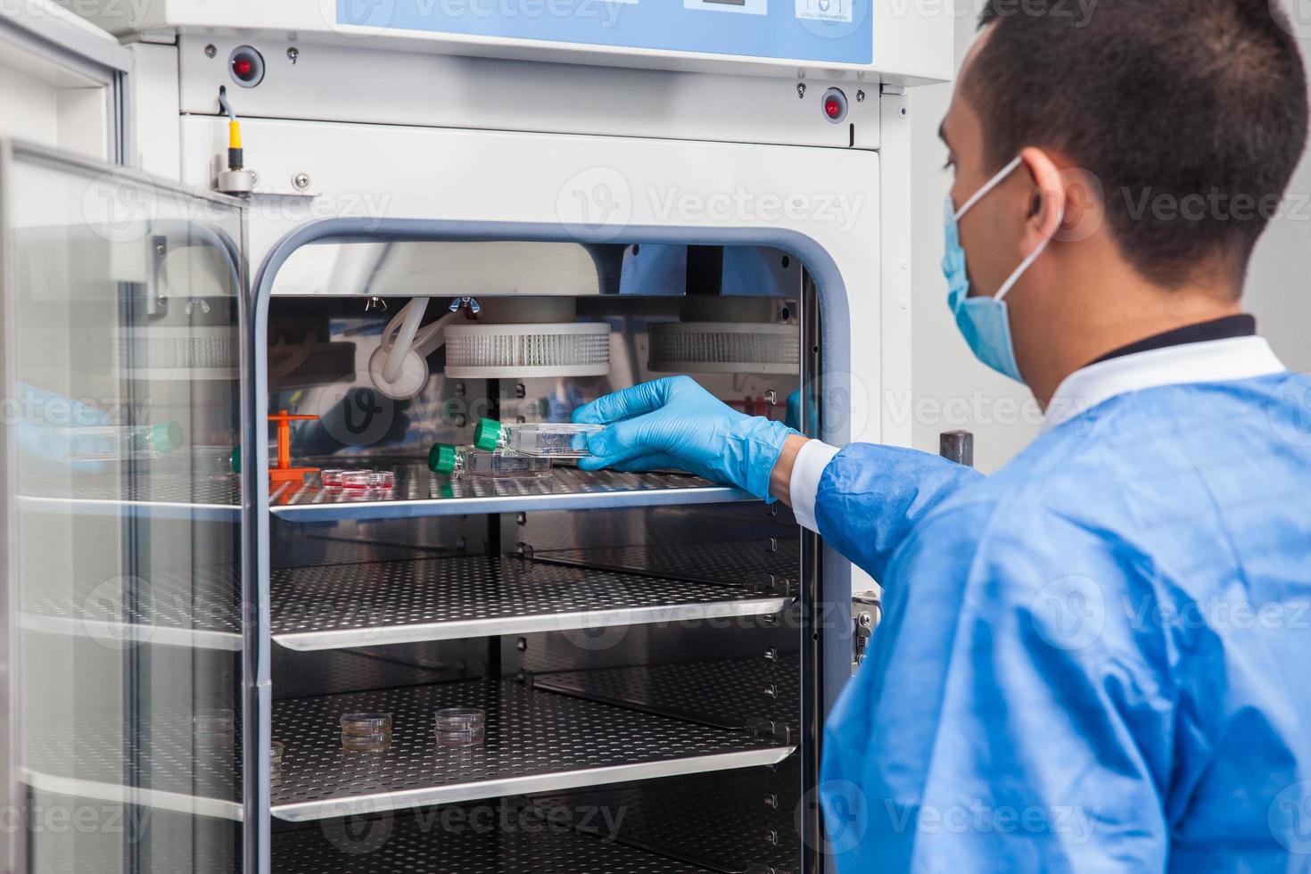 Young laboratory researcher introducing a cell culture flask into an