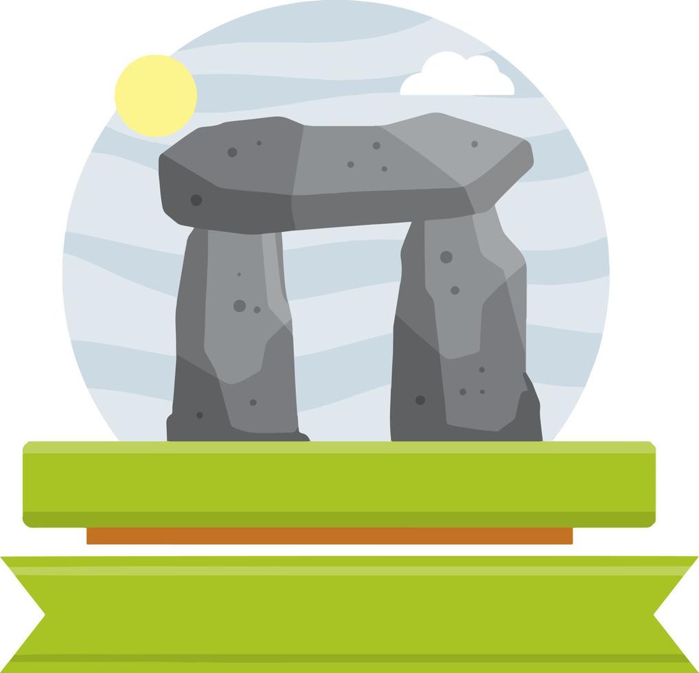 Stonehenge. English landmark. Structure is made of old stones. Historical place, block and boulders. Flat cartoon. Green moss and grass. Religious megalith of primitive man vector