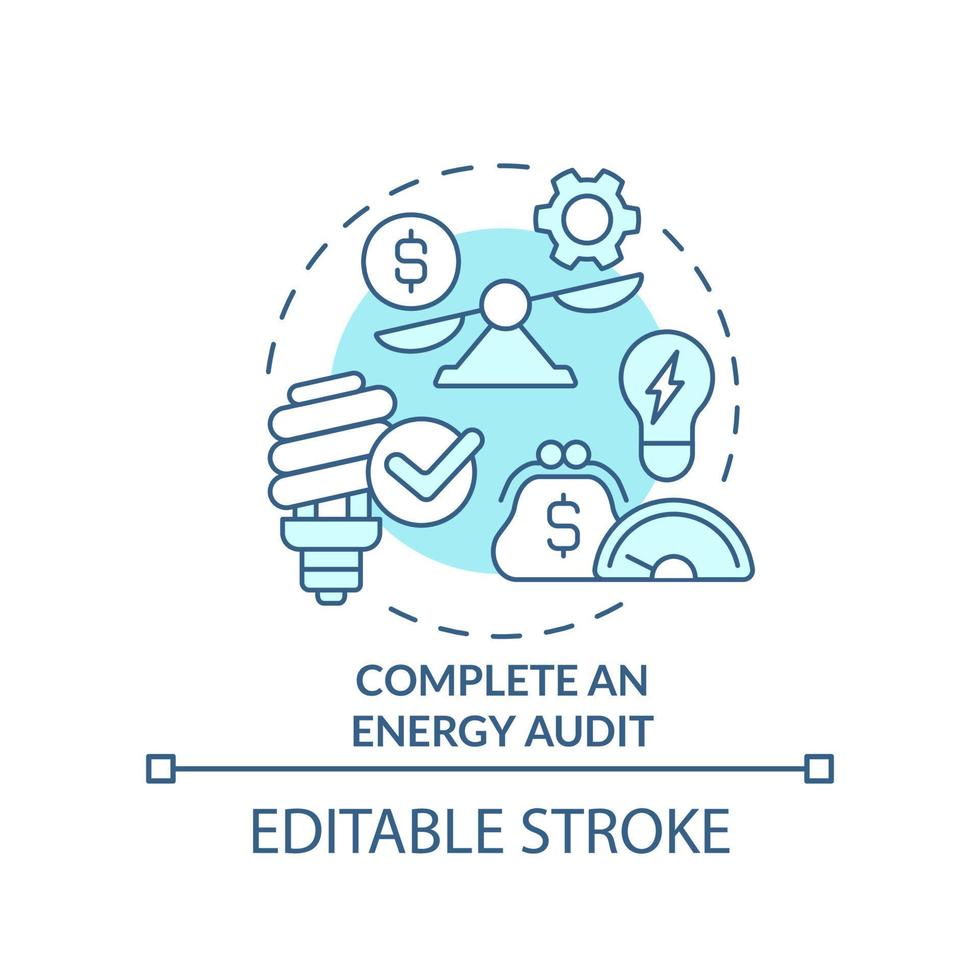 Complete energy audit turquoise concept icon. Reduce electricity usage. Budgeting abstract idea thin line illustration. Isolated outline drawing. Editable stroke vector