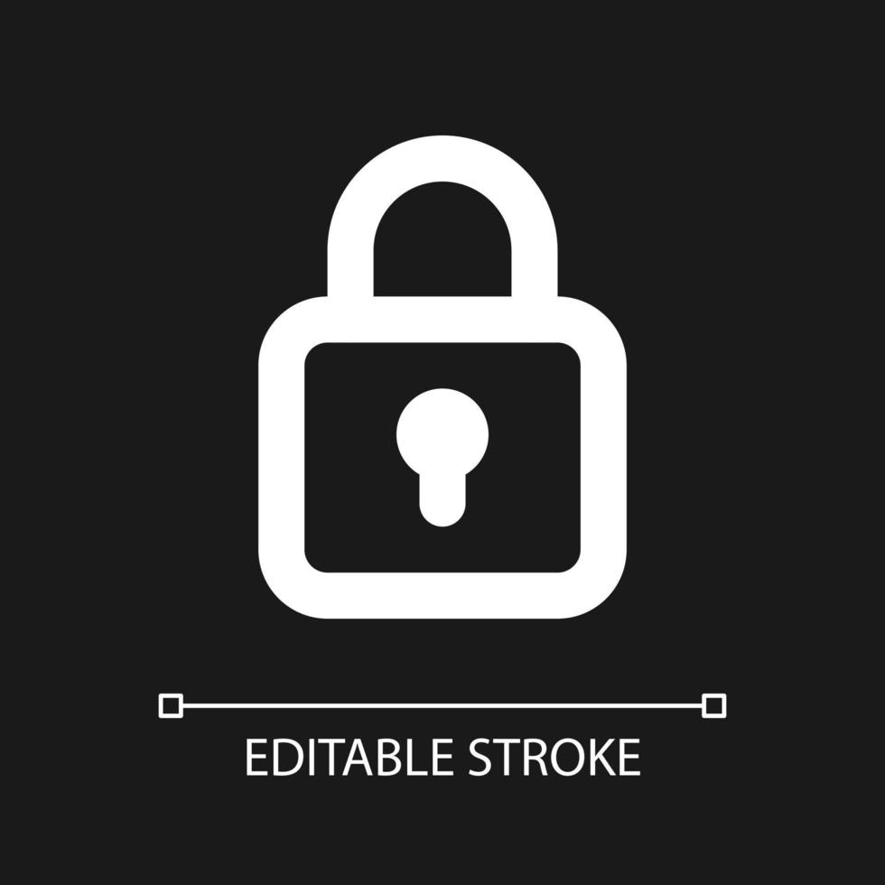 Locked padlock pixel perfect white linear ui icon for dark theme. Restriction. Security settings. Vector line pictogram. Isolated user interface symbol for night mode. Editable stroke