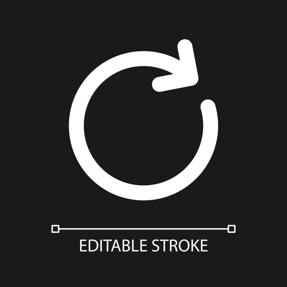 Repeat pixel perfect white linear ui icon for dark theme. Reload page. Rotating arrow. Clockwise. Vector line pictogram. Isolated user interface symbol for night mode. Editable stroke