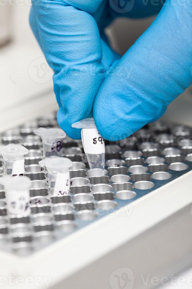 Closeup of a scientist hand while working at the laboratory with a thermal cycler. Polymerase chain reaction technique. PCR technique photo