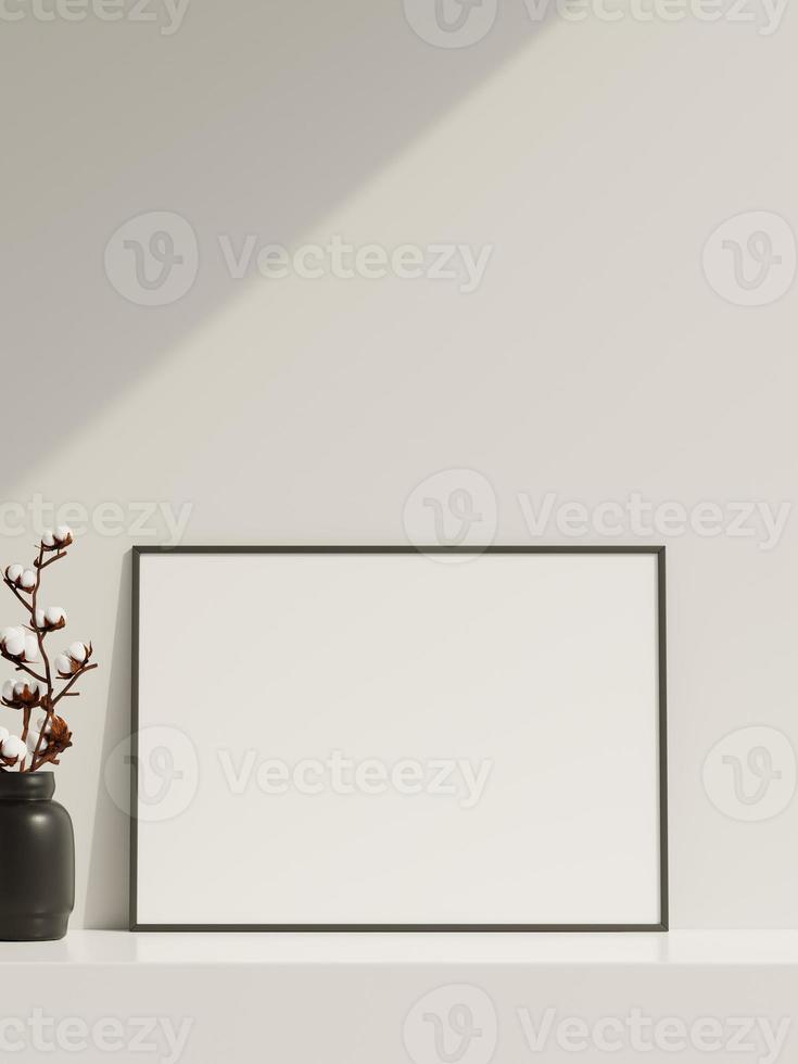 Empty poster frame mockup in sunlight with shadow and vase photo