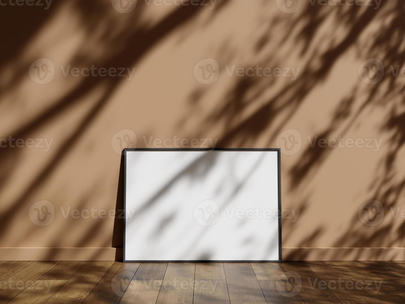 Minimal picture poster frame mockup on wooden floor with shadow photo
