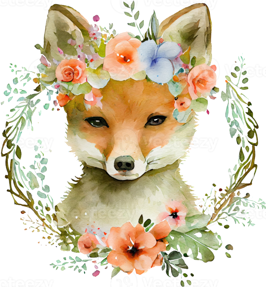 Cute Fox With Flowers Watercolor Illustration png