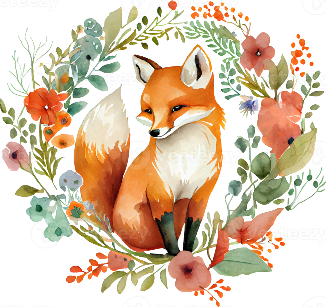 Cute Fox With Flowers Watercolor Illustration png