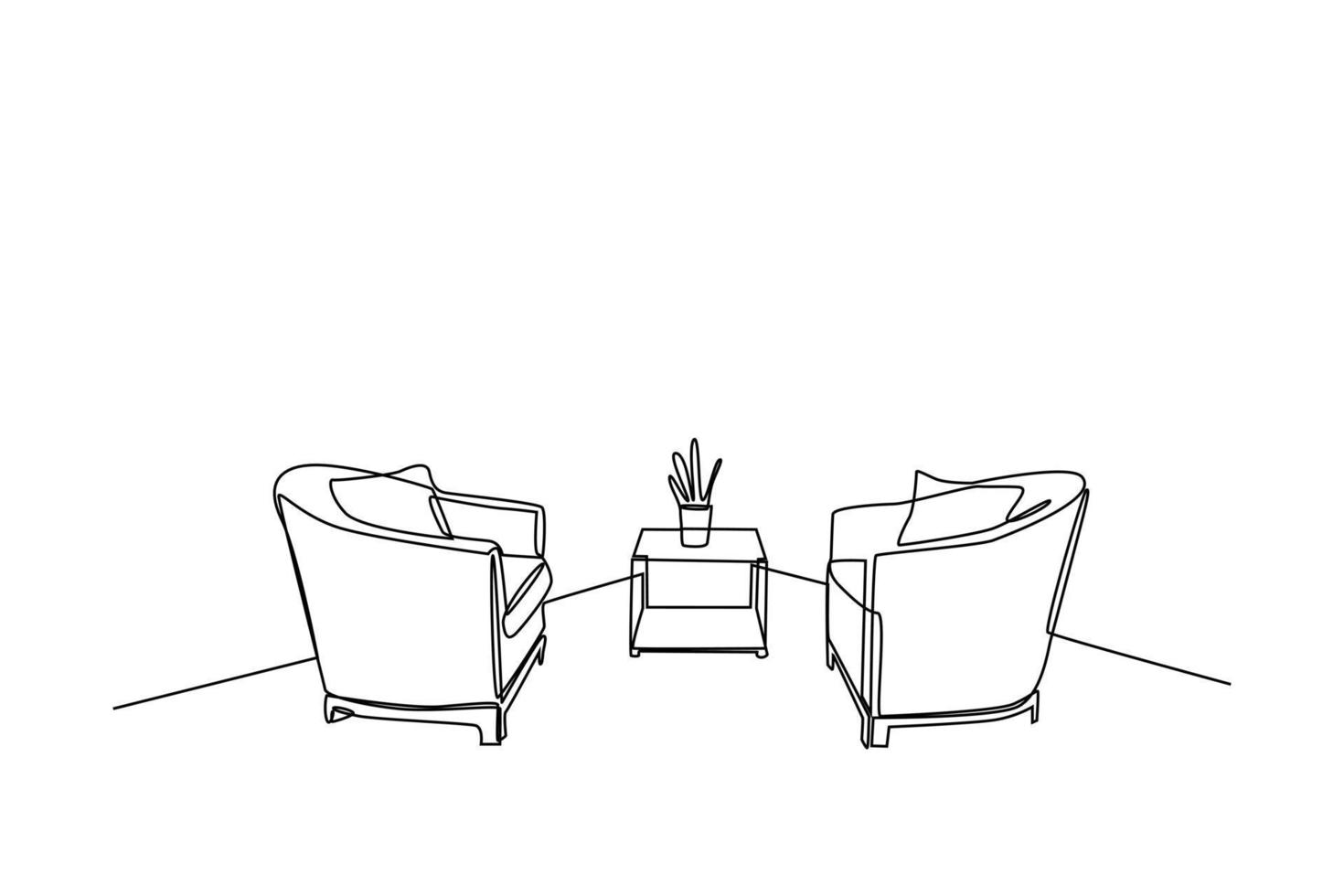 Continuous one line drawing Interior of the living room with sofa and decoration accessories. Living room concept. Single line draw design vector graphic illustration.