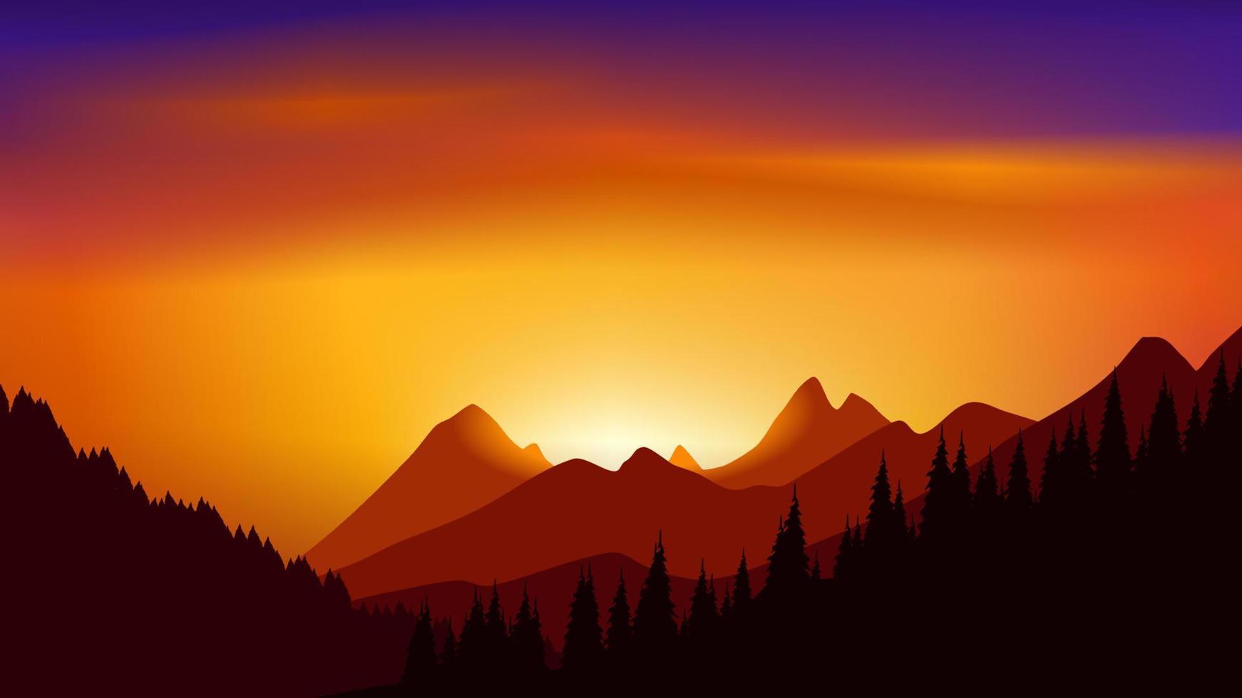 Vector illustration of mountains and hills at sunset with vibrant colorful sky