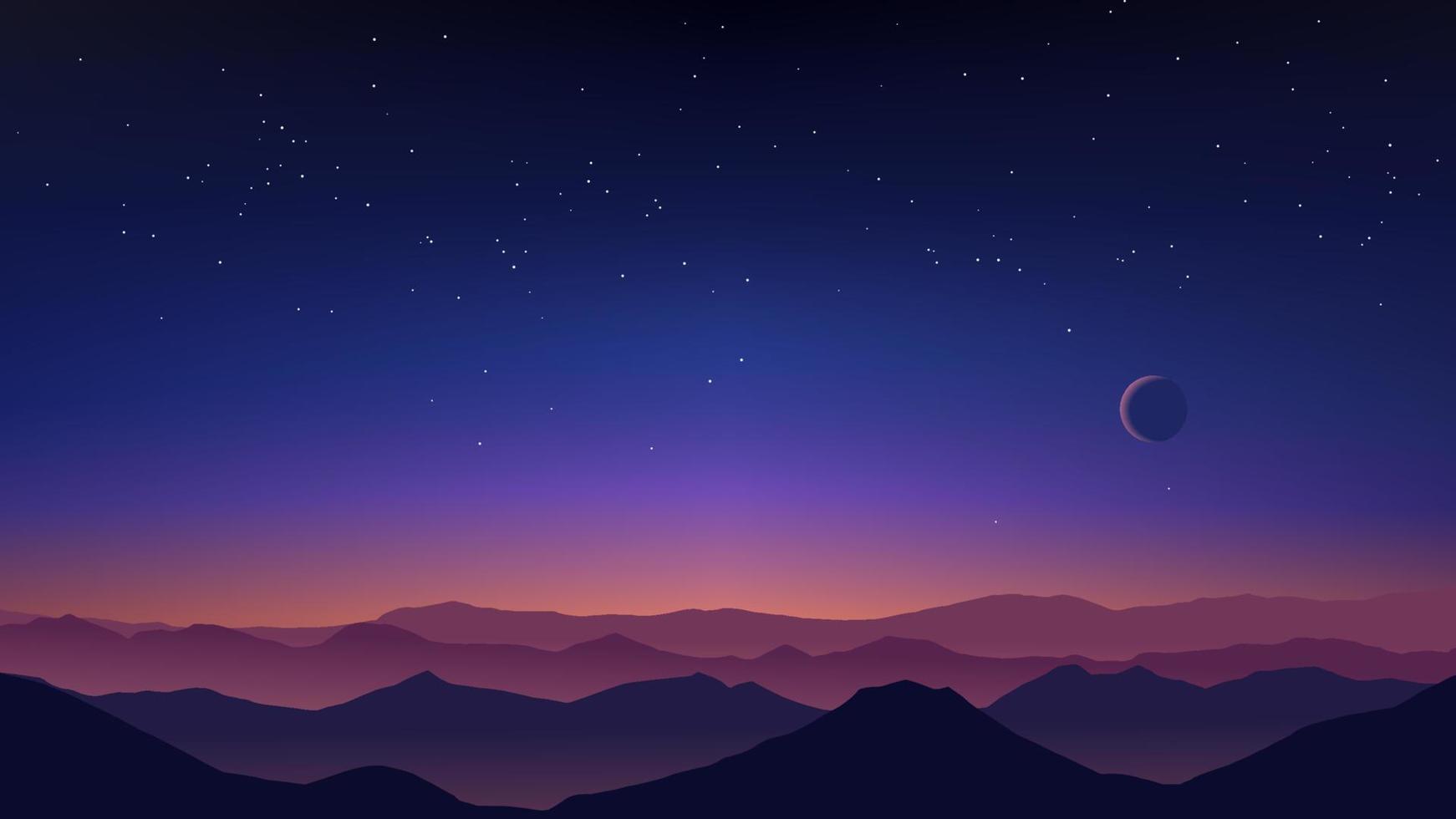 Amazing sky at night over mountain range with moon and stars vector