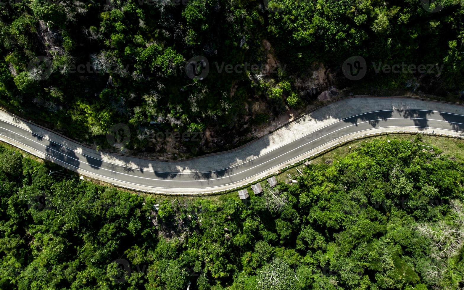 aéreo ver de vacío devanado la carretera en un bosque. autopista mediante bosque foto