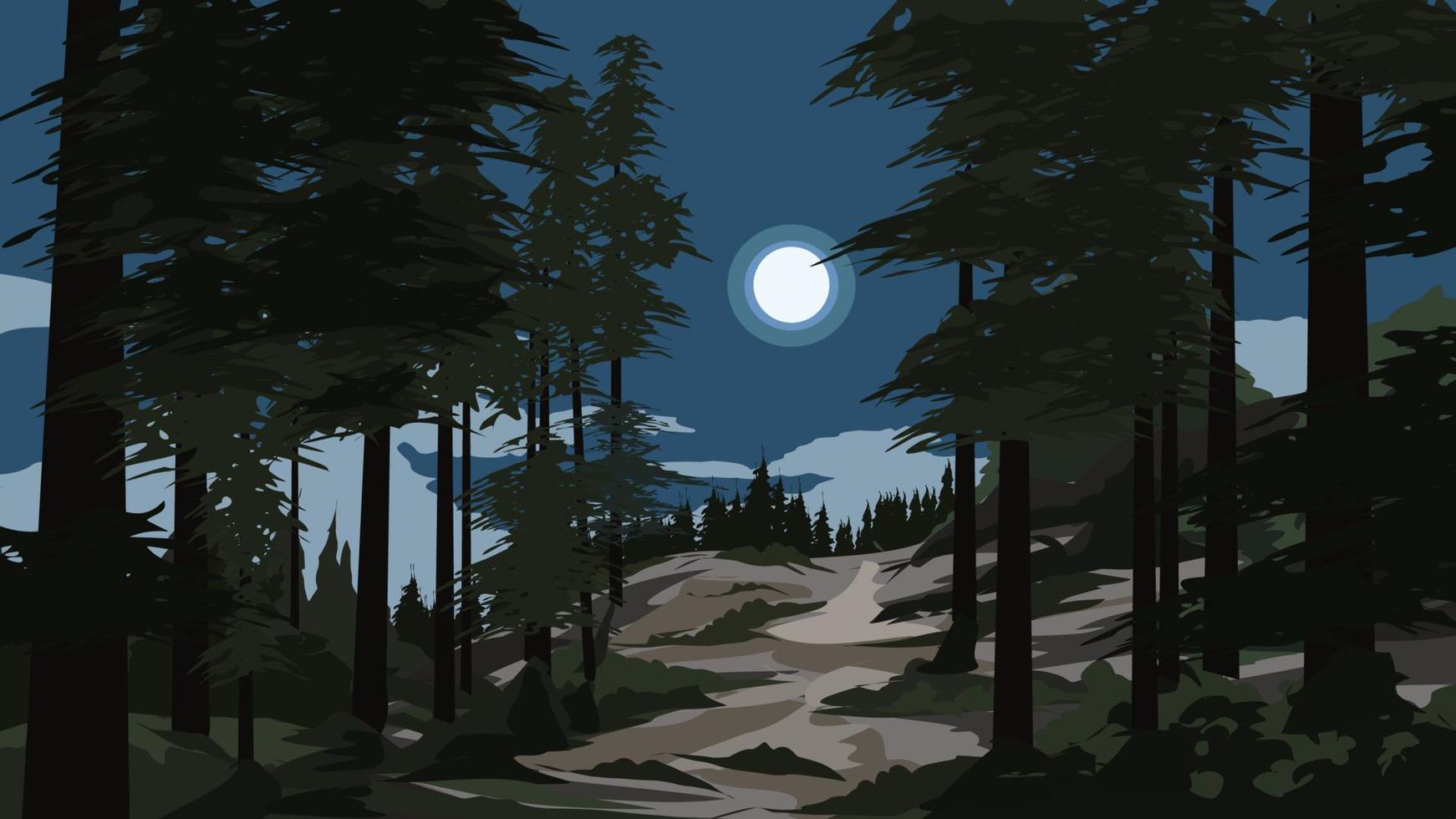Night in pine forest with full moon. Vector nature landscape