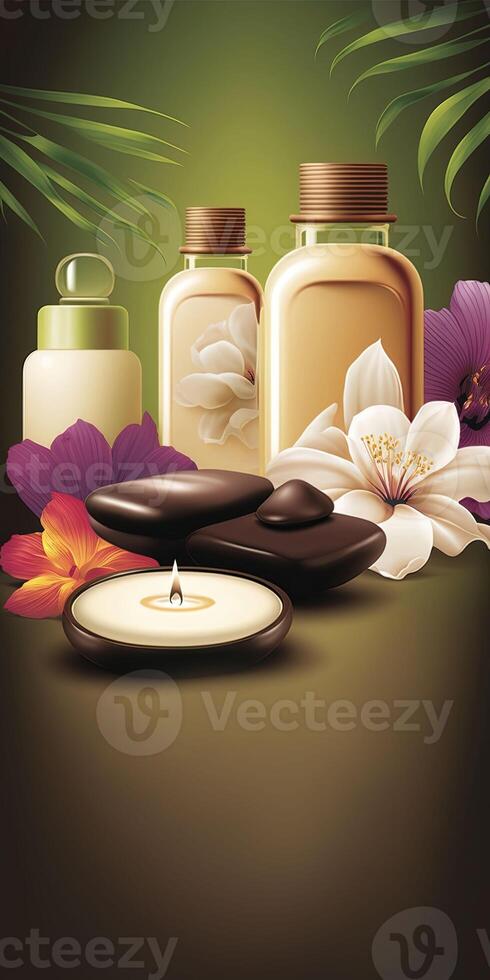 Spa background illustration. Polished stones, fresh leaves, and flickering candles create a soothing and serene atmosphere. photo