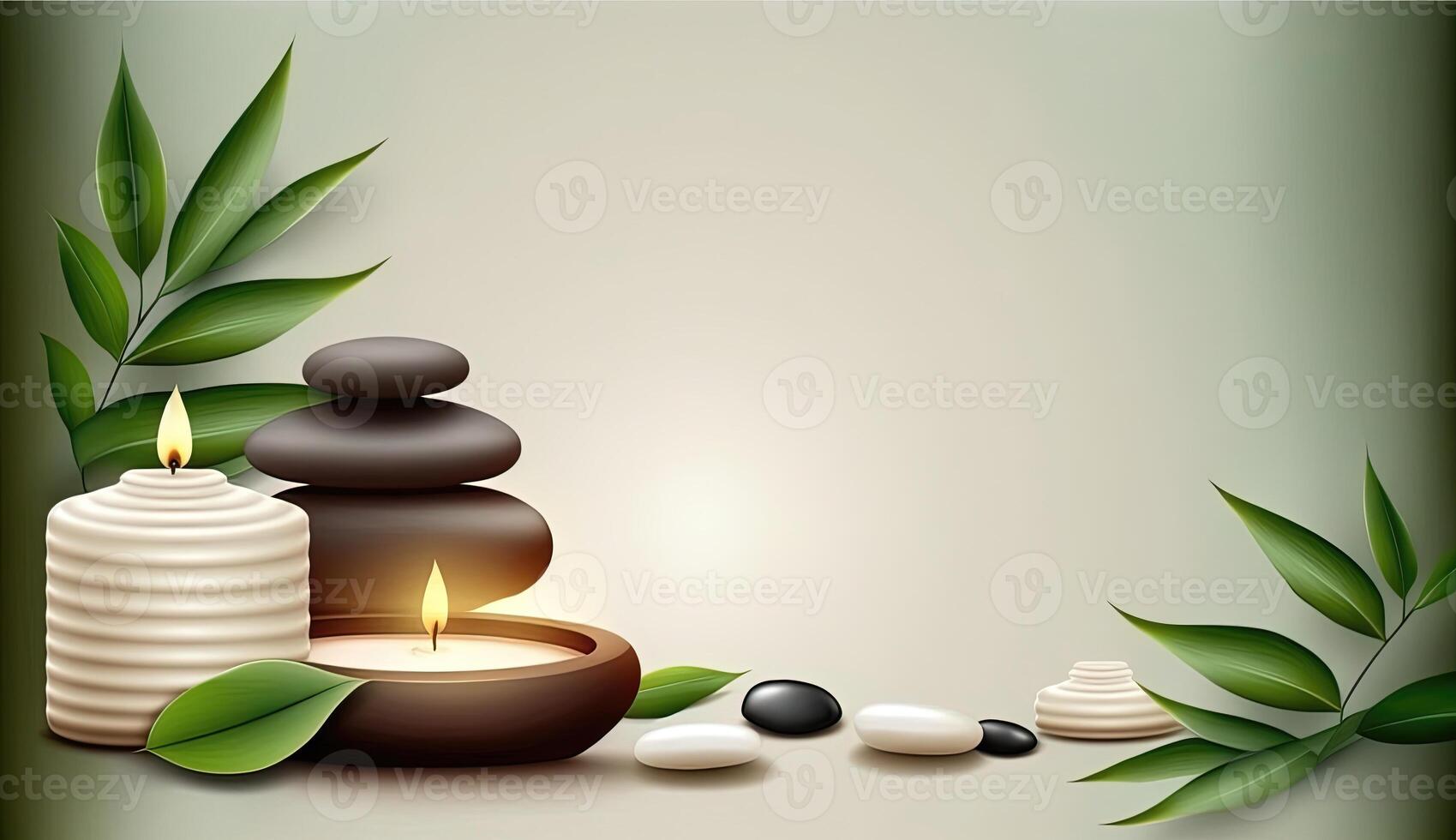 This spa background illustration showcases a serene atmosphere with flickering candles, polished stones, and fresh leaves. The natural elements. Relaxing environment. . photo