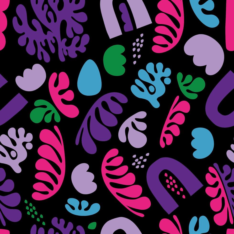 Collage seamless pattern. Trendy colorful minimal flat memphis Matiss style design on black background. Hand drawn vector illustration. Texture for packing, print, fabric, textile.