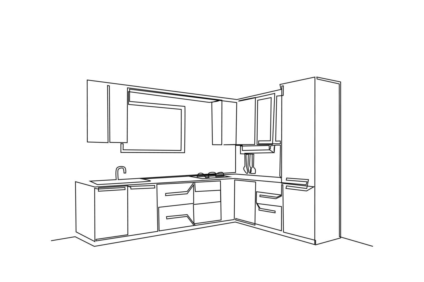 Single one line drawing Modern kitchen interior. Kitchen room concept. Continuous line draw design graphic vector illustration.
