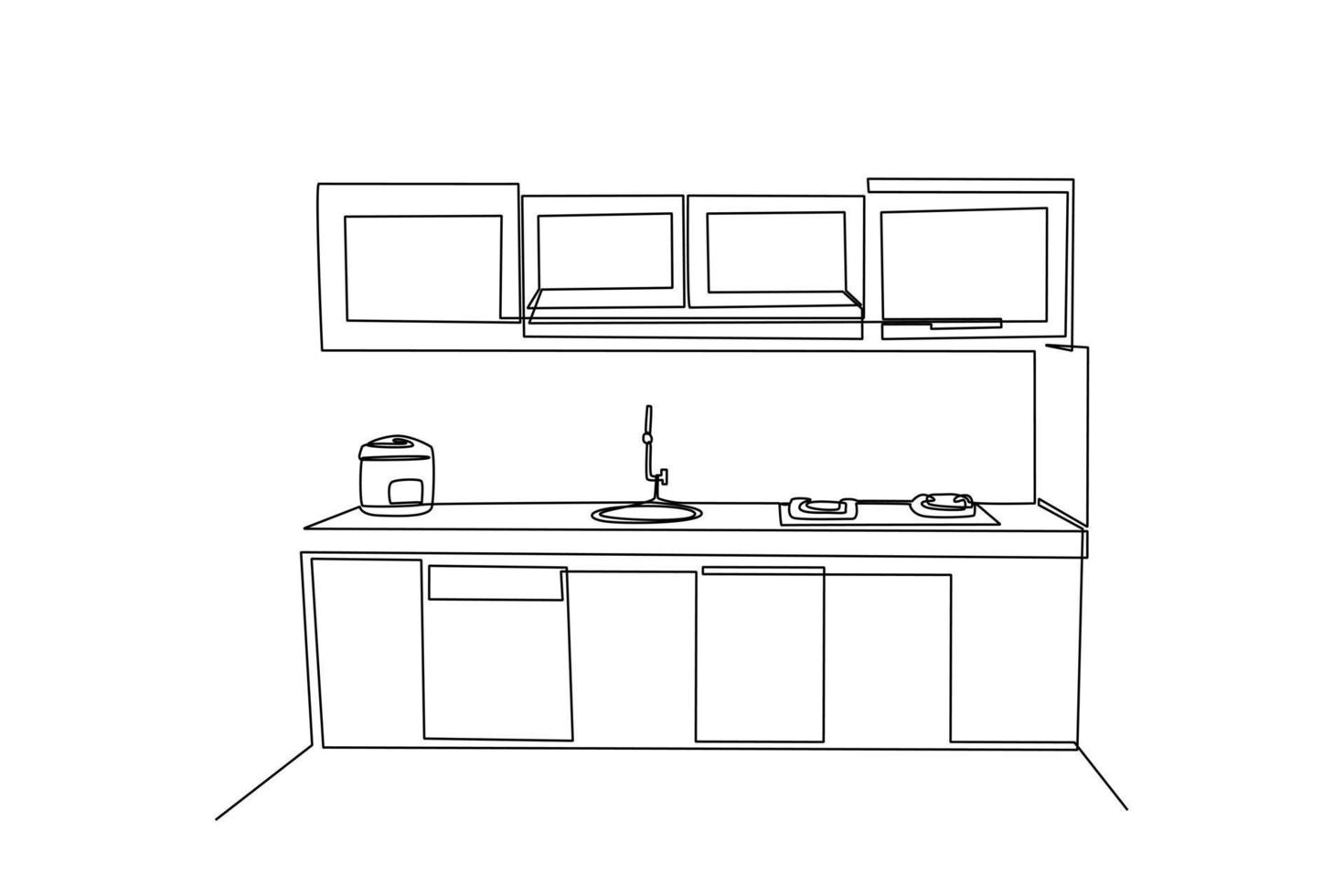 Single one line drawing Modern kitchen interior. Kitchen room concept. Continuous line draw design graphic vector illustration.