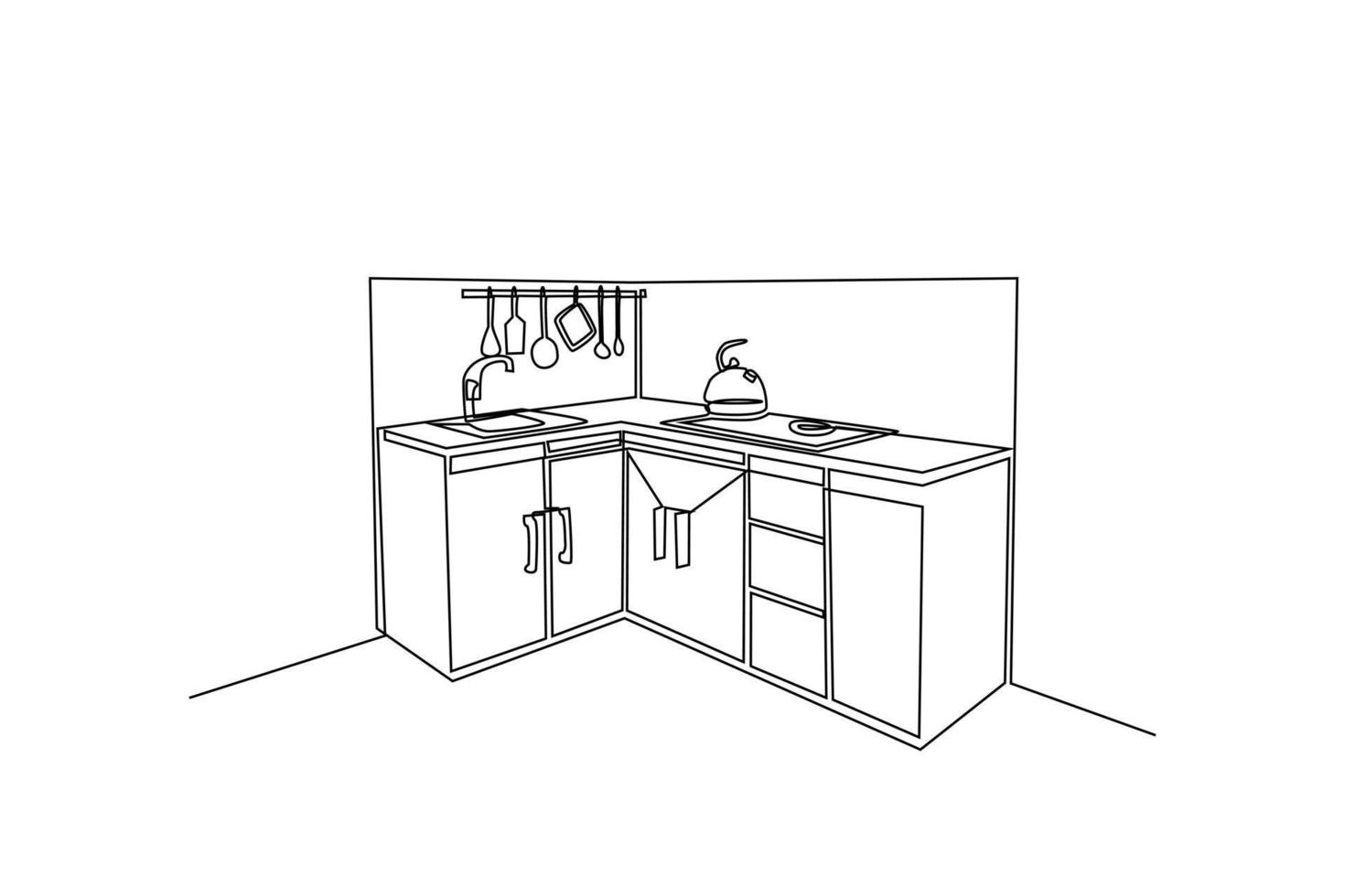 soltero uno línea dibujo moderno cocina interior. cocina habitación concepto. continuo línea dibujar diseño gráfico vector ilustración.