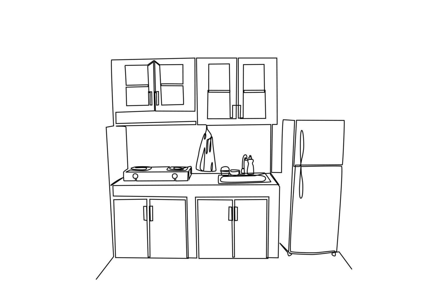 Single one line drawing Modern kitchen interior. Kitchen room concept. Continuous line draw design graphic vector illustration.