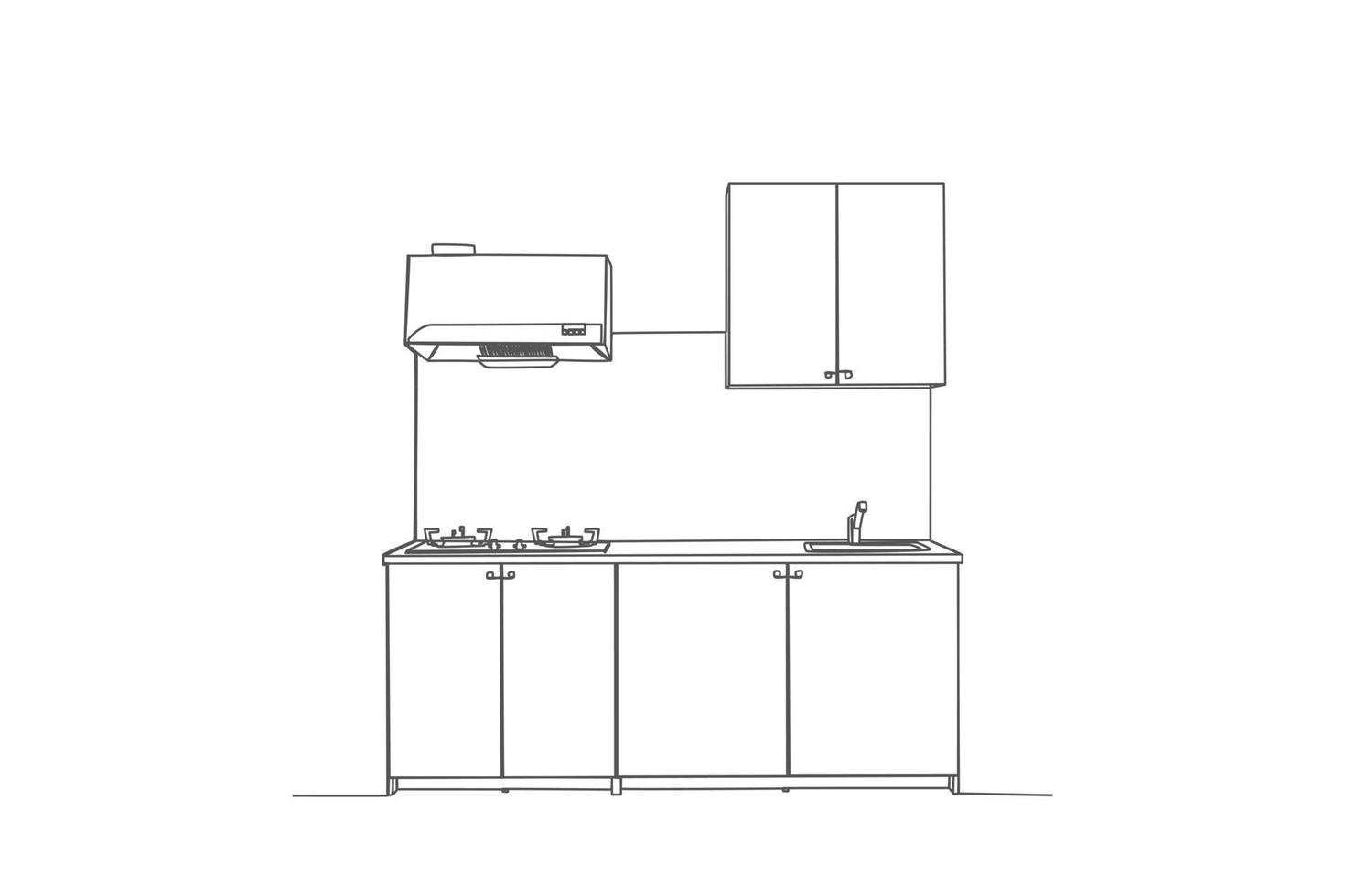 Single one line drawing Modern kitchen interior. Kitchen room concept. Continuous line draw design graphic vector illustration.