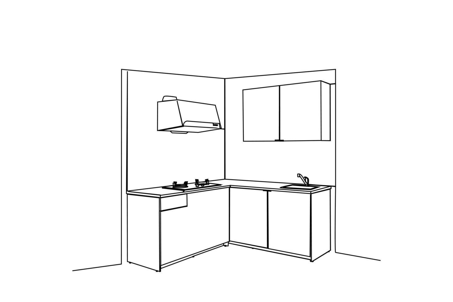 Single one line drawing Modern kitchen interior. Kitchen room concept. Continuous line draw design graphic vector illustration.