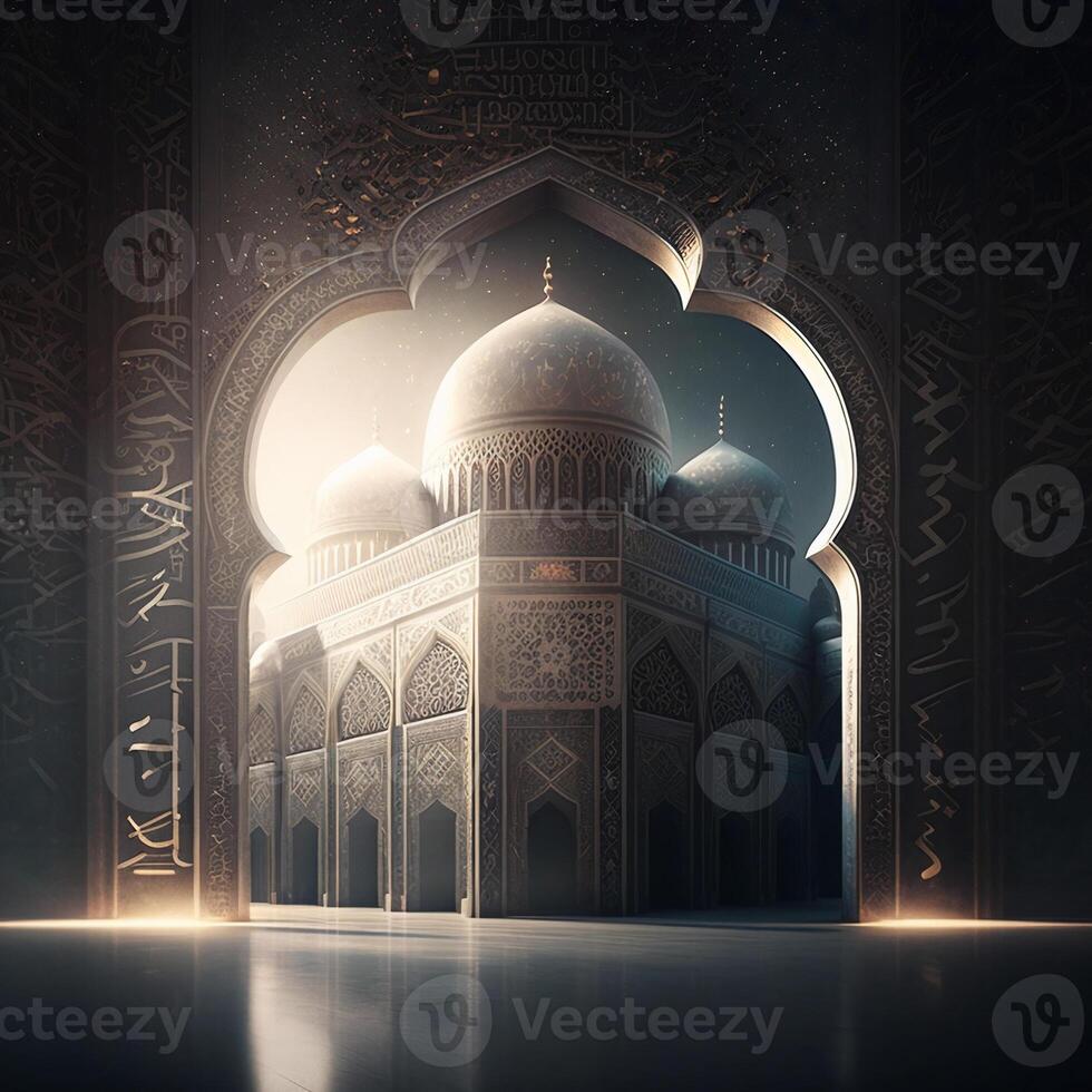 Photo mosque inside islamic pattern interior door and window with arabic lantern