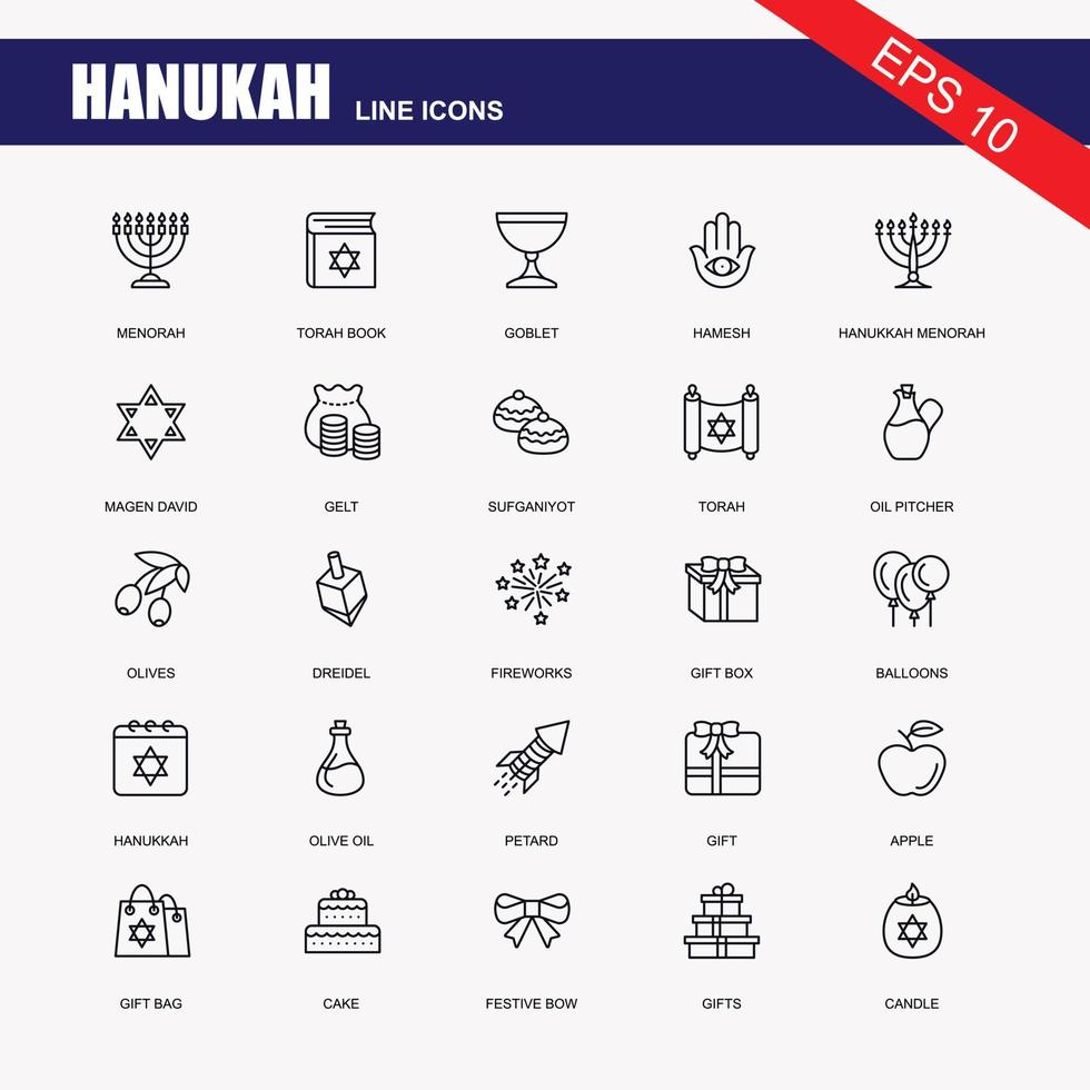 Simple Set of Hanukah Related Vector Line Icons. Contains such Icons as Menorah, Torah Book, Candle, Dreidel, Hamesh, Sufganiyot and more