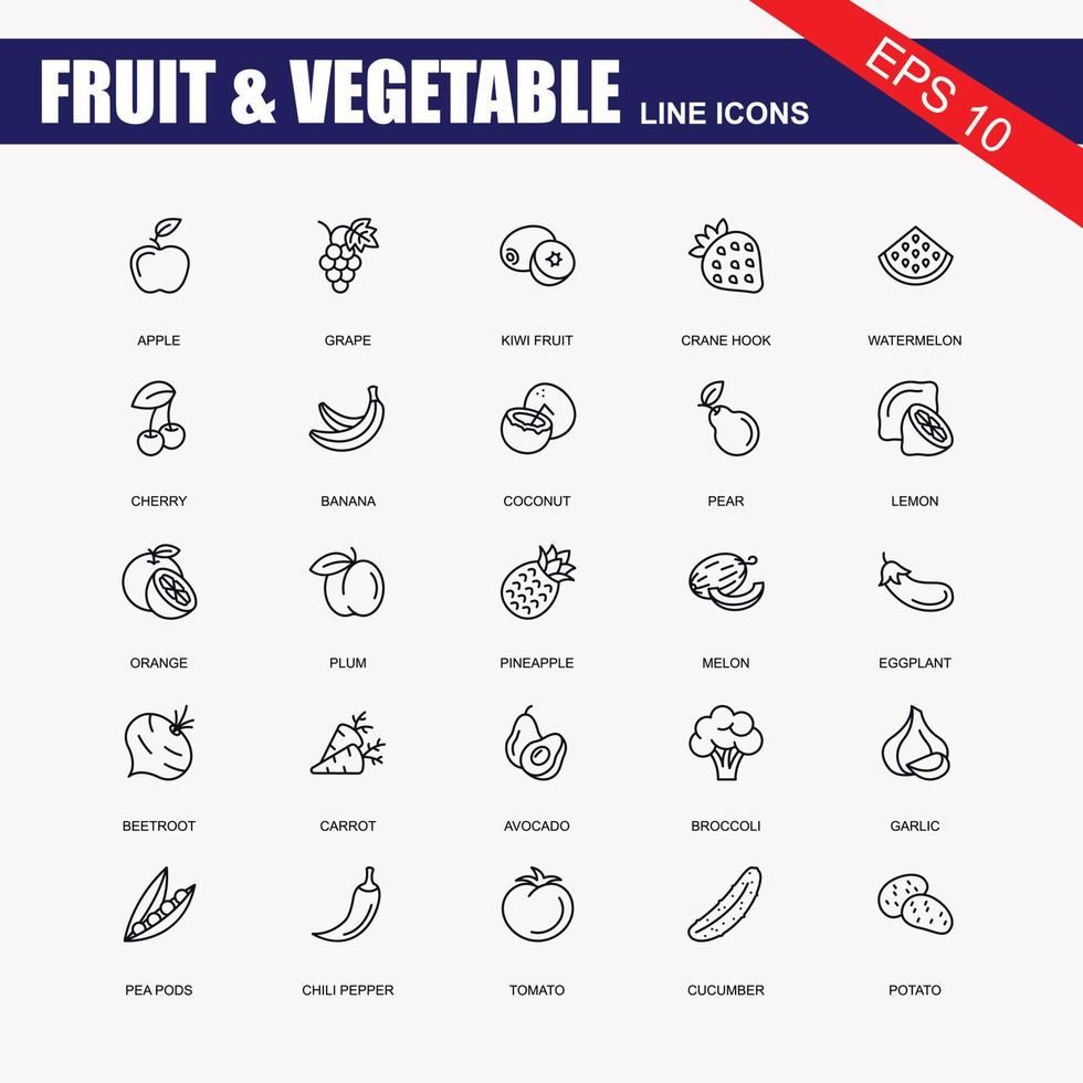 Set of flat fruits and vegetables icons drawing with black lines on grey background vector