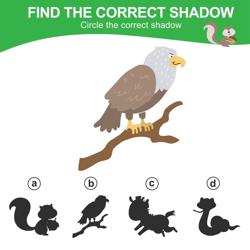 Find the correct shadow. Matching animal shadow game for children. Worksheet for kid. Educational printable worksheet. Vector illustration.