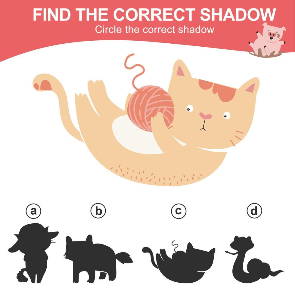 Find the correct shadow. Matching animal shadow game for children. Worksheet for kid. Educational printable worksheet. Vector illustration.