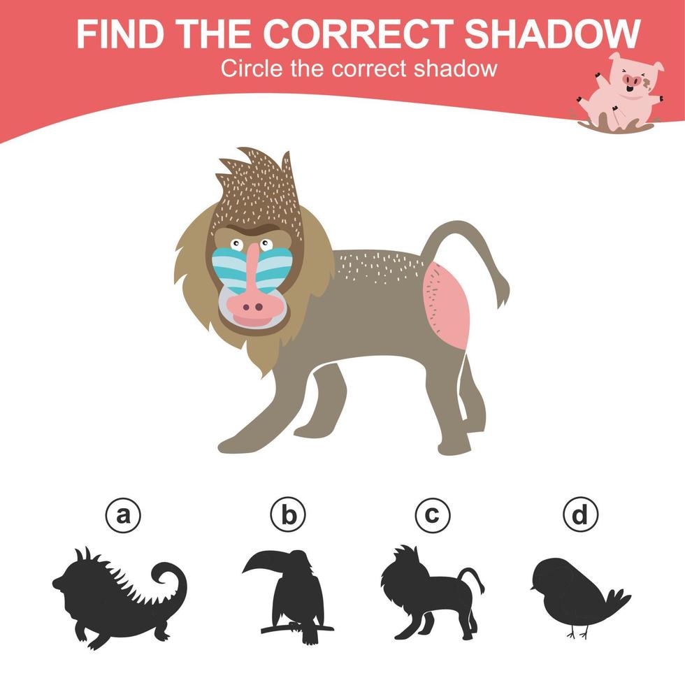 Find the correct shadow. Matching animal shadow game for children. Worksheet for kid. Educational printable worksheet. Vector illustration.