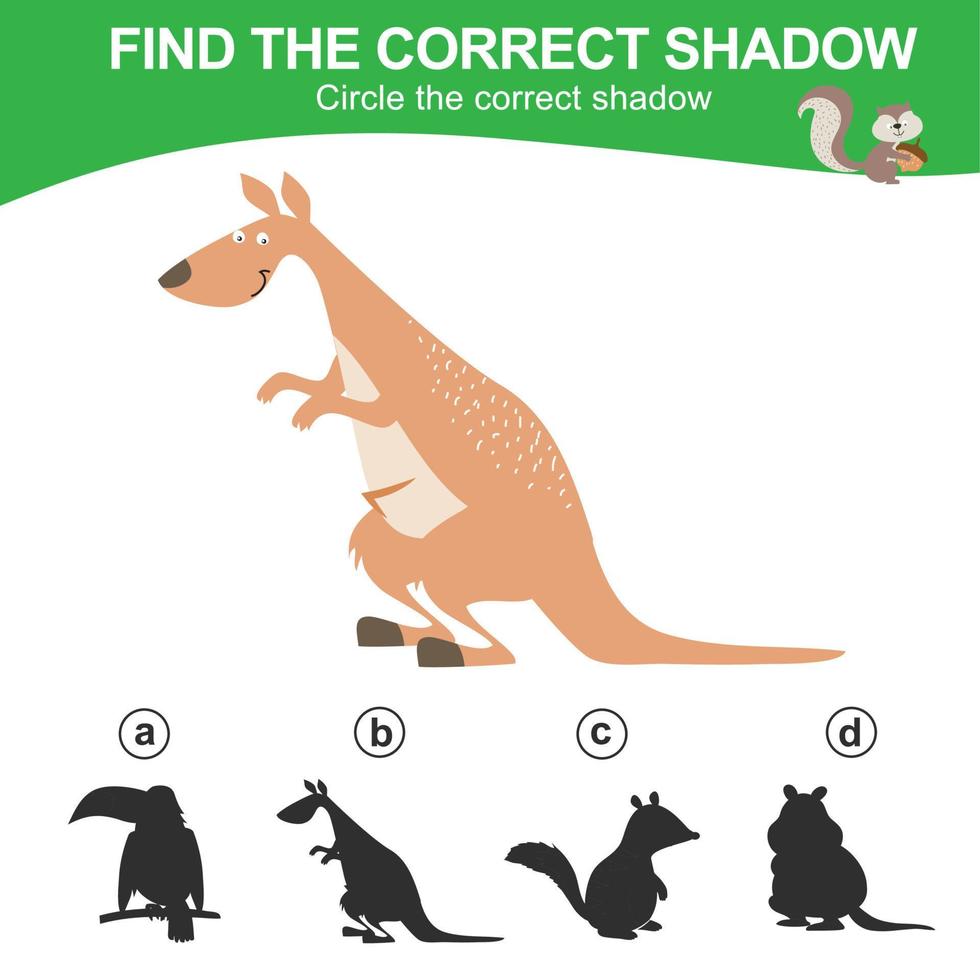 Find the correct shadow. Matching animal shadow game for children. Worksheet for kid. Educational printable worksheet. Vector illustration.