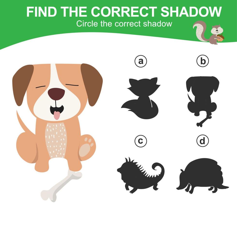 Find the correct shadow. Matching animal shadow game for children. Worksheet for kid. Educational printable worksheet. Vector illustration.