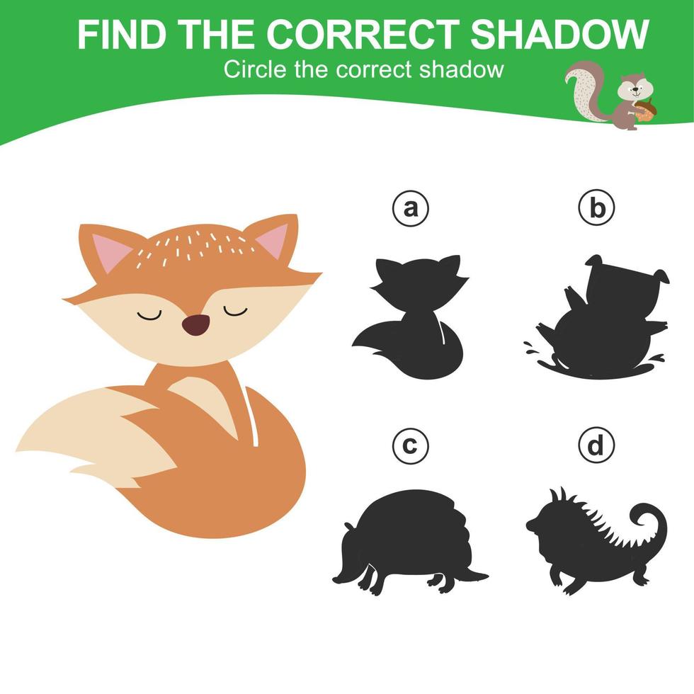 Find the correct shadow. Matching animal shadow game for children. Worksheet for kid. Educational printable worksheet. Vector illustration.
