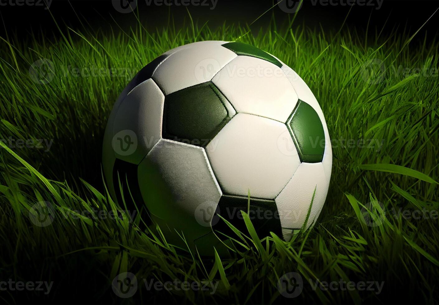 Classic soccer ball in a football stadium on a green lawn - image photo